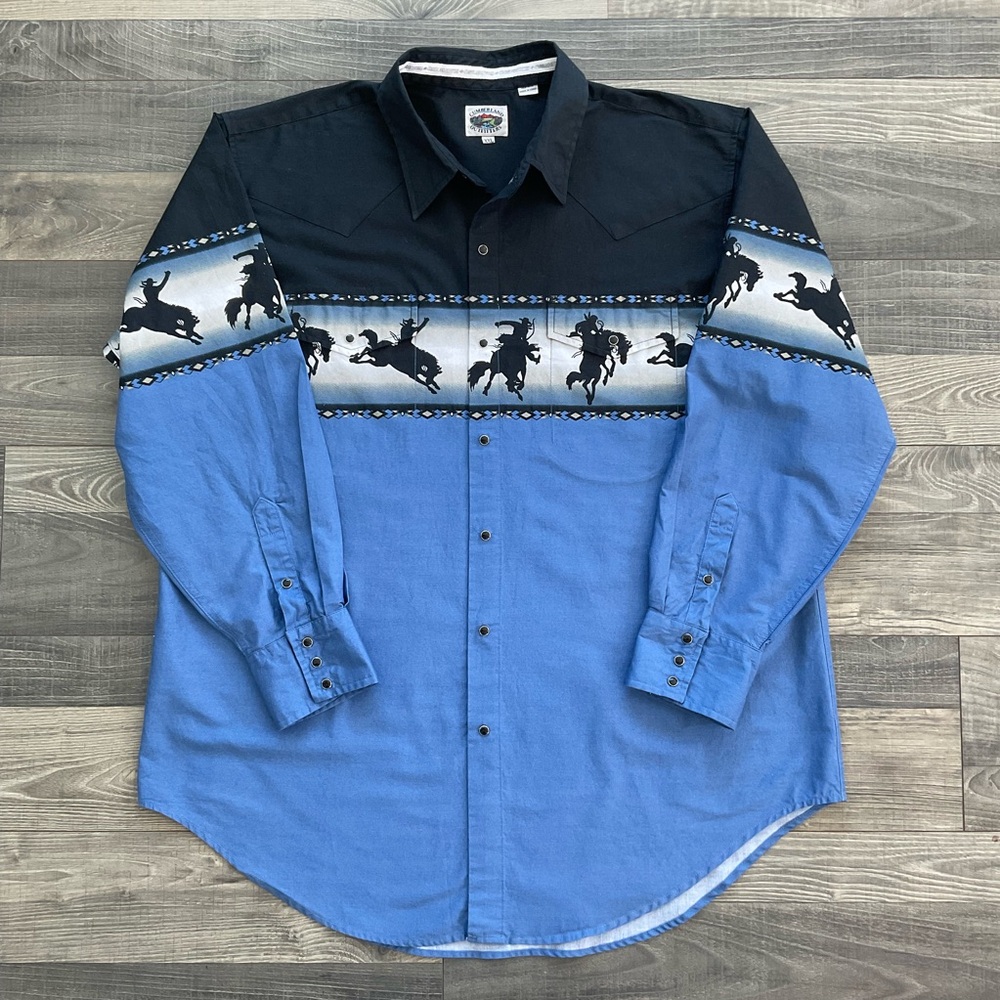 Cumberland Outfitters Pearl Snap Shirt Men’s XXL Black Blue Western Horses Rodeo